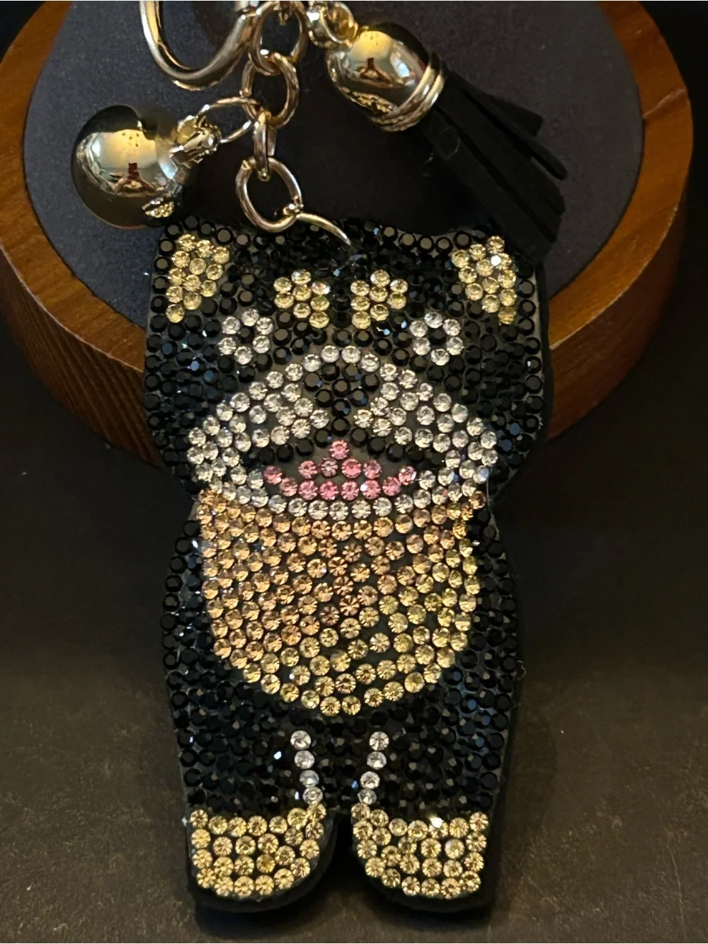 PREMIUM Puffy Black & Gold Crystal Dog Bag Charm Keychain w/Tassel & Hardware